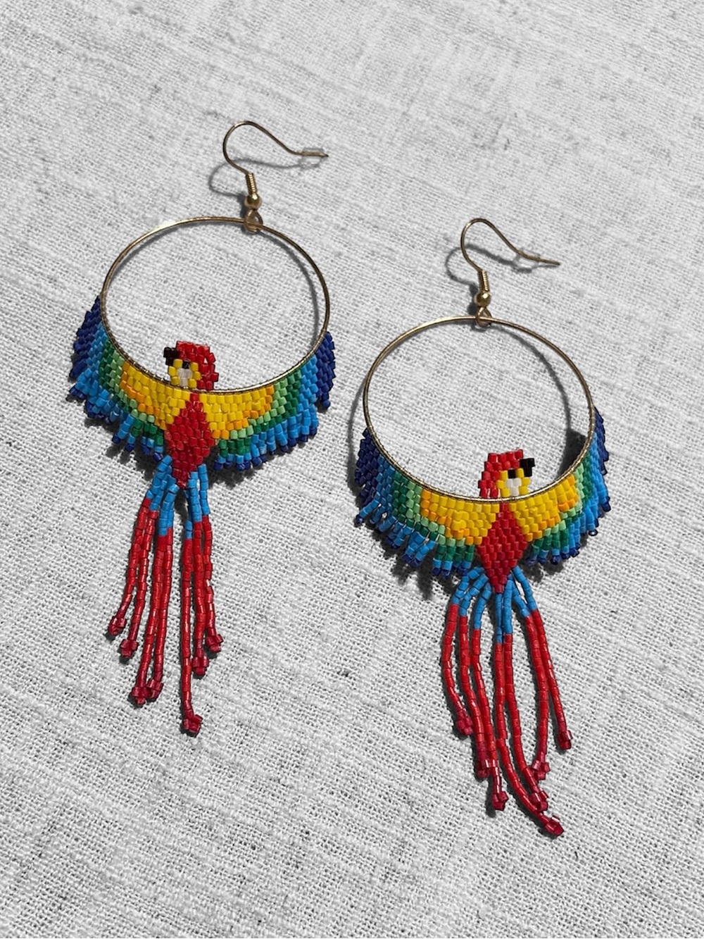 Tropical Macaw Parrot Seed Beaded Hoop Fringe Earrings - Picture 2 of 3